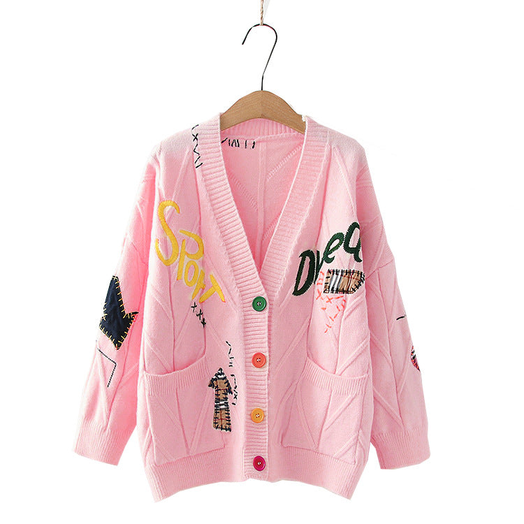 Damen Gemusterter Strickcardigan mit einzigartigen Stickmotiven und bunten Knöpfen R&B