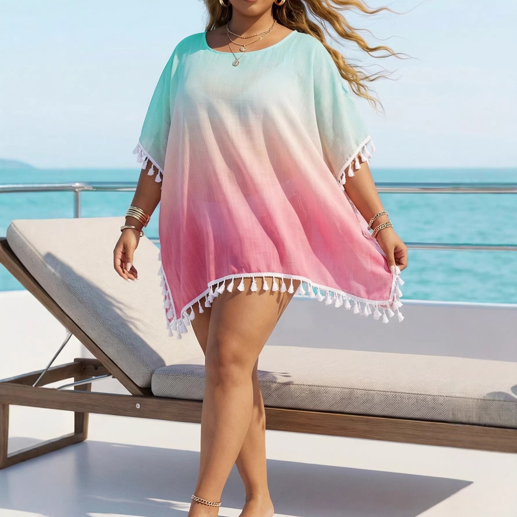 Damen luftiger Strandüberwurf mit eleganten Quasten R&B
