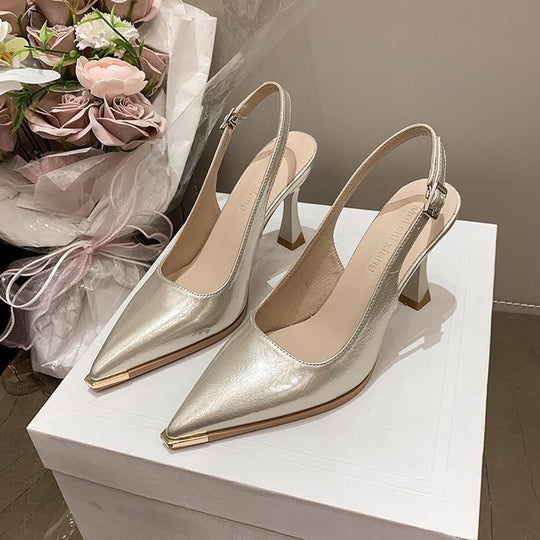 Damen elegante Slingback-Pumps mit spitzer Kappe und glänzender Oberfläche R&B