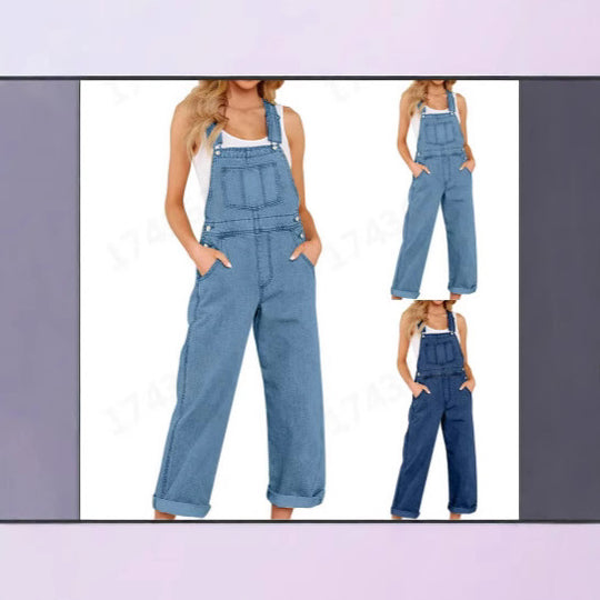 Damen lässige Denim-Latzhose mit praktischen Taschen und weiten Beinen R&B
