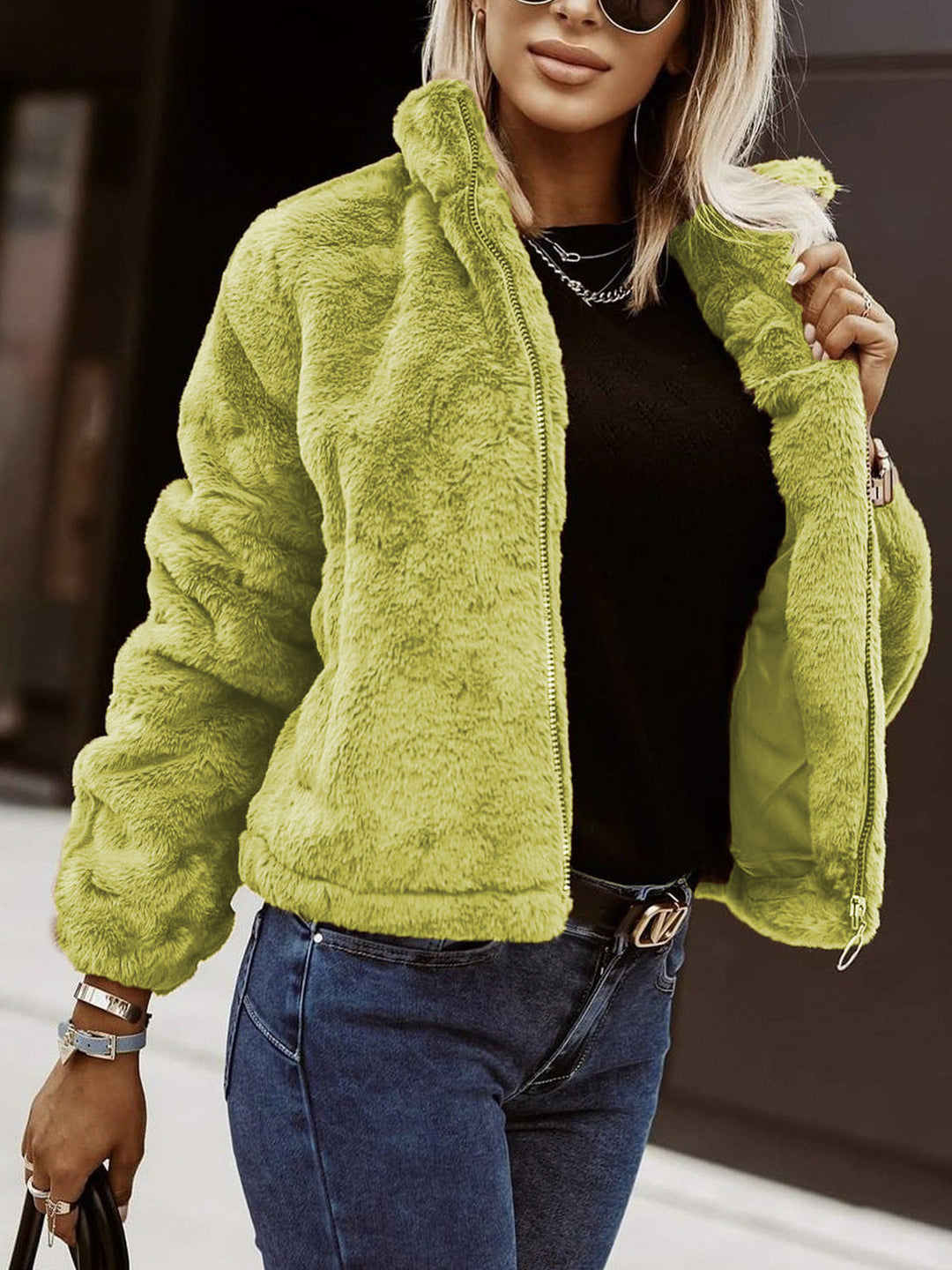 R&B | Weiche Damen Teddy Bomberjacke mit Reißverschluss