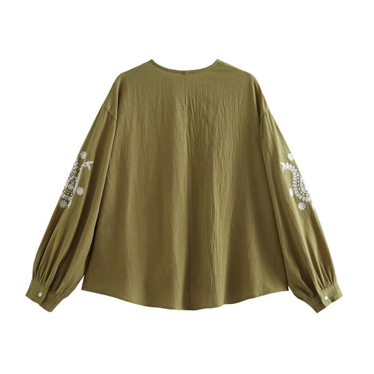 Damen bestickte Bluse mit Balloon-Ärmeln und V-Ausschnitt R&B
