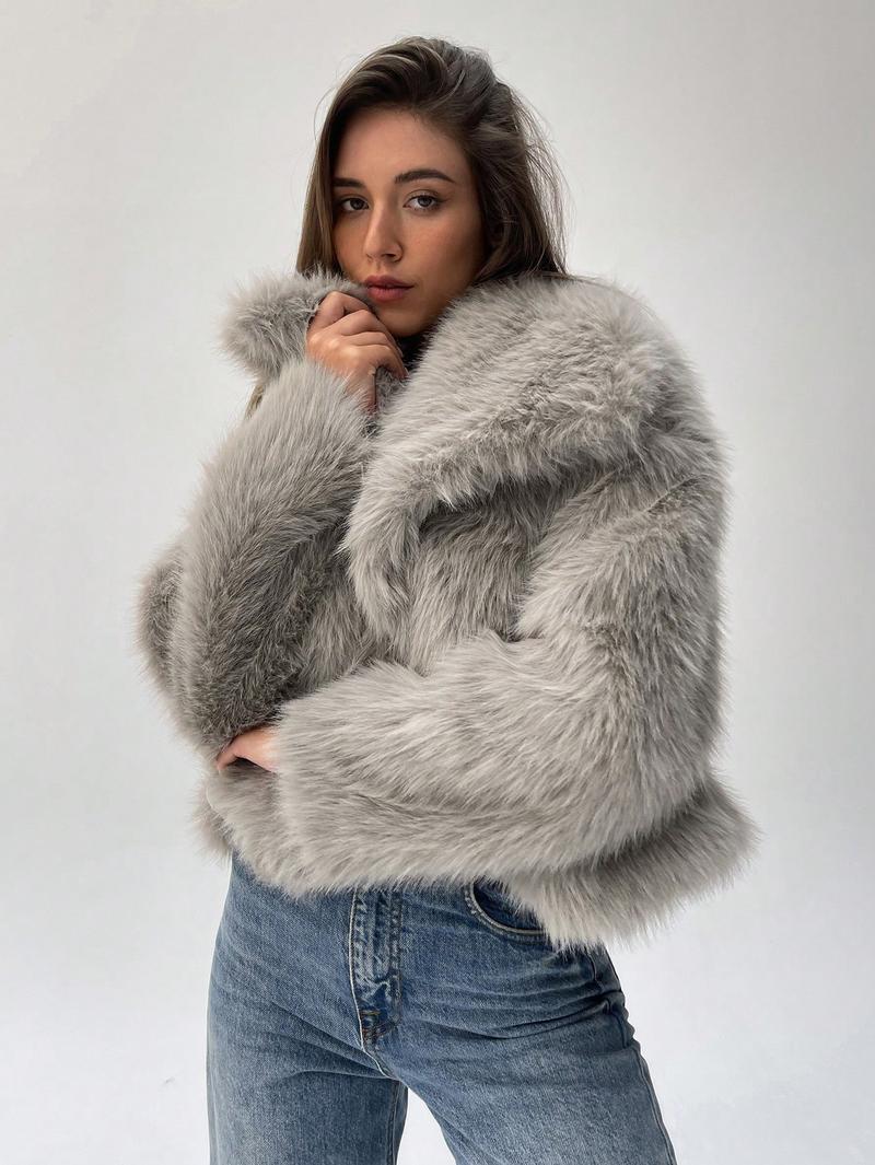 Damen Modischer Kunstpelz-Cropped-Jacke mit voluminösen Ärmeln R&B