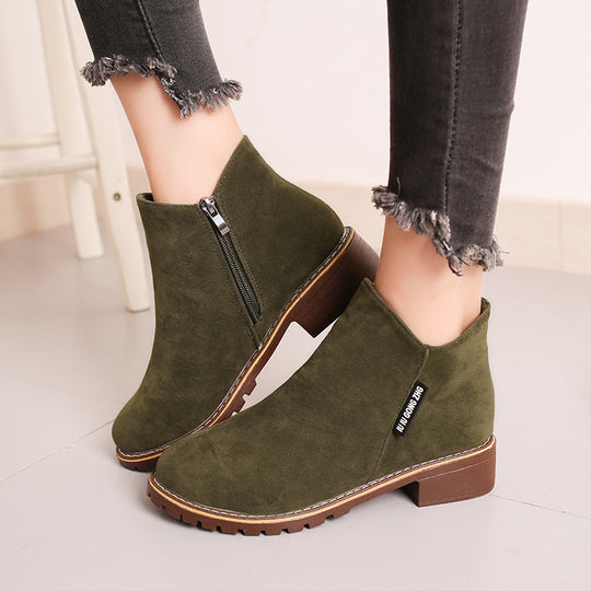 Damen nan knöchelhohe Velourslederimitat-Stiefelette mit robuster Traktorsohle und Komfortabsatz R&B