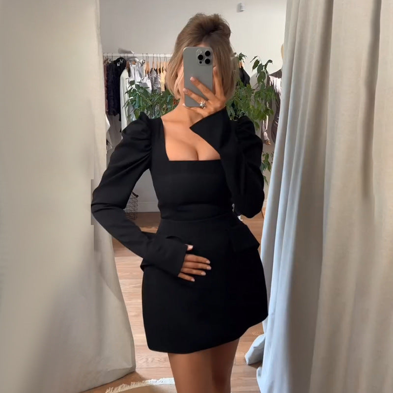 Damen elegantes Minikleid mit Puffärmeln und tailliertem Schnitt R&B