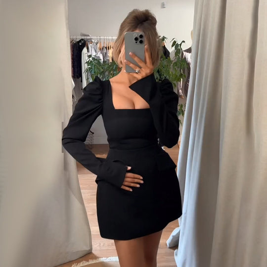 Damen elegantes Minikleid mit Puffärmeln und tailliertem Schnitt R&B