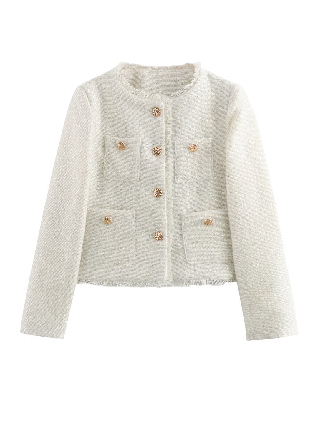 Damen elegante Tweed-Jacke mit Fransen und dekorativen Knöpfen R&B