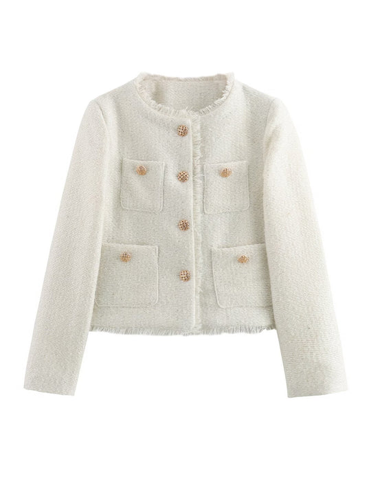 Damen elegante Tweed-Jacke mit Fransen und dekorativen Knöpfen R&B