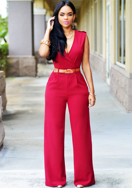 Damen Eleganter Wickel-Jumpsuit mit weitem Bein und Taillengürtel R&B
