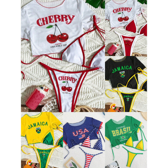 Damen Crop-Top Bikini-Set mit sportlichem Schnitt und Brasil-Print R&B