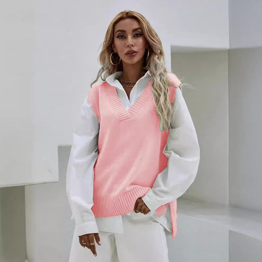 Damen Strickweste mit V-Ausschnitt und feinen Rippstrukturen R&B