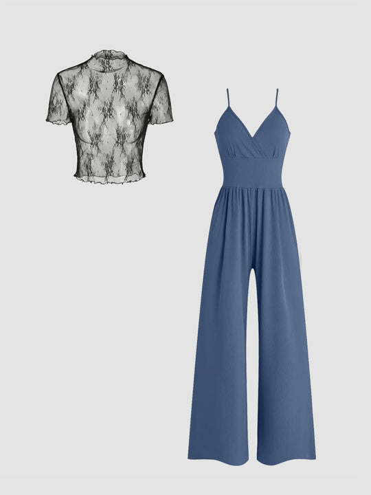Damen elegantes V-Ausschnitt Jumpsuit mit transparenter Bluse R&B
