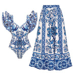 Damen Badeanzug-Set mit voluminösen Rüschendetails und elegantem Wickelrock R&B