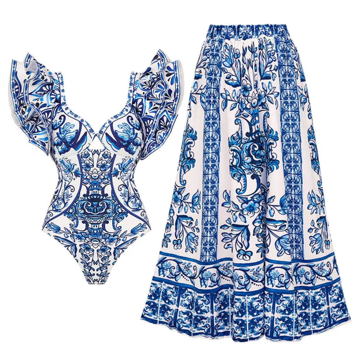 Damen Badeanzug-Set mit voluminösen Rüschendetails und elegantem Wickelrock R&B