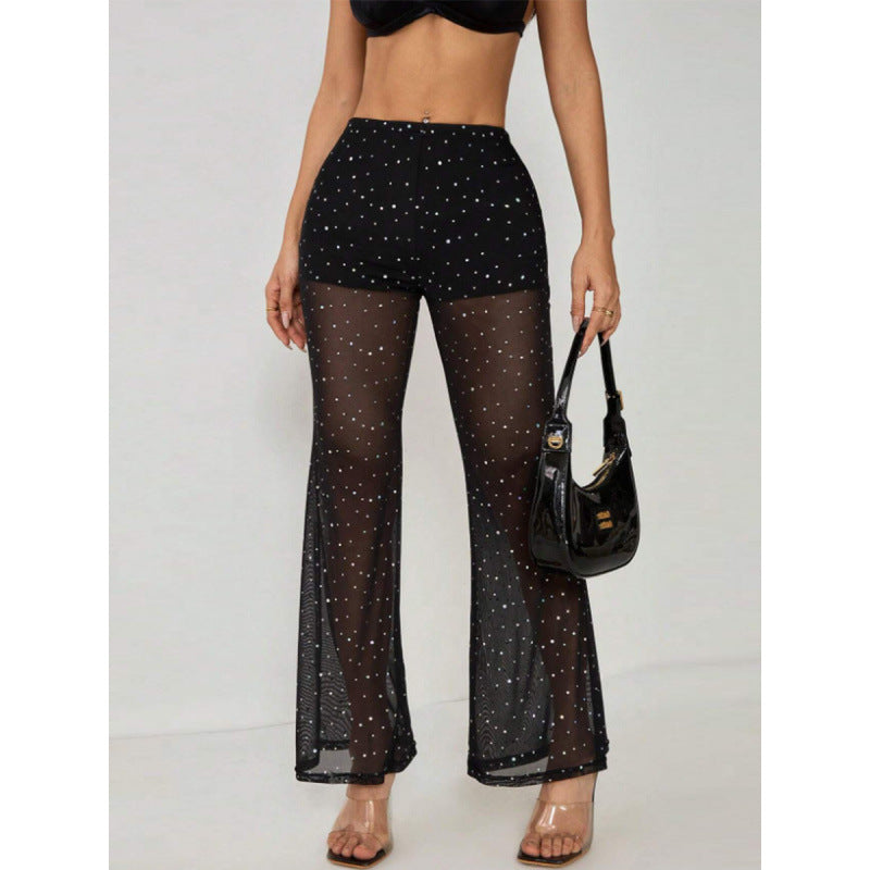 Damen Elegante transparente Palazzo-Hose mit funkelnden Akzenten R&B