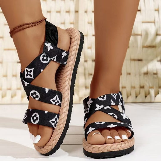 Damen nan flache Espadrille-Riemchensandalen mit geflochtenem Bastrand, elastischem Fersenband und gekreuzten Ethno-Riemen R&B