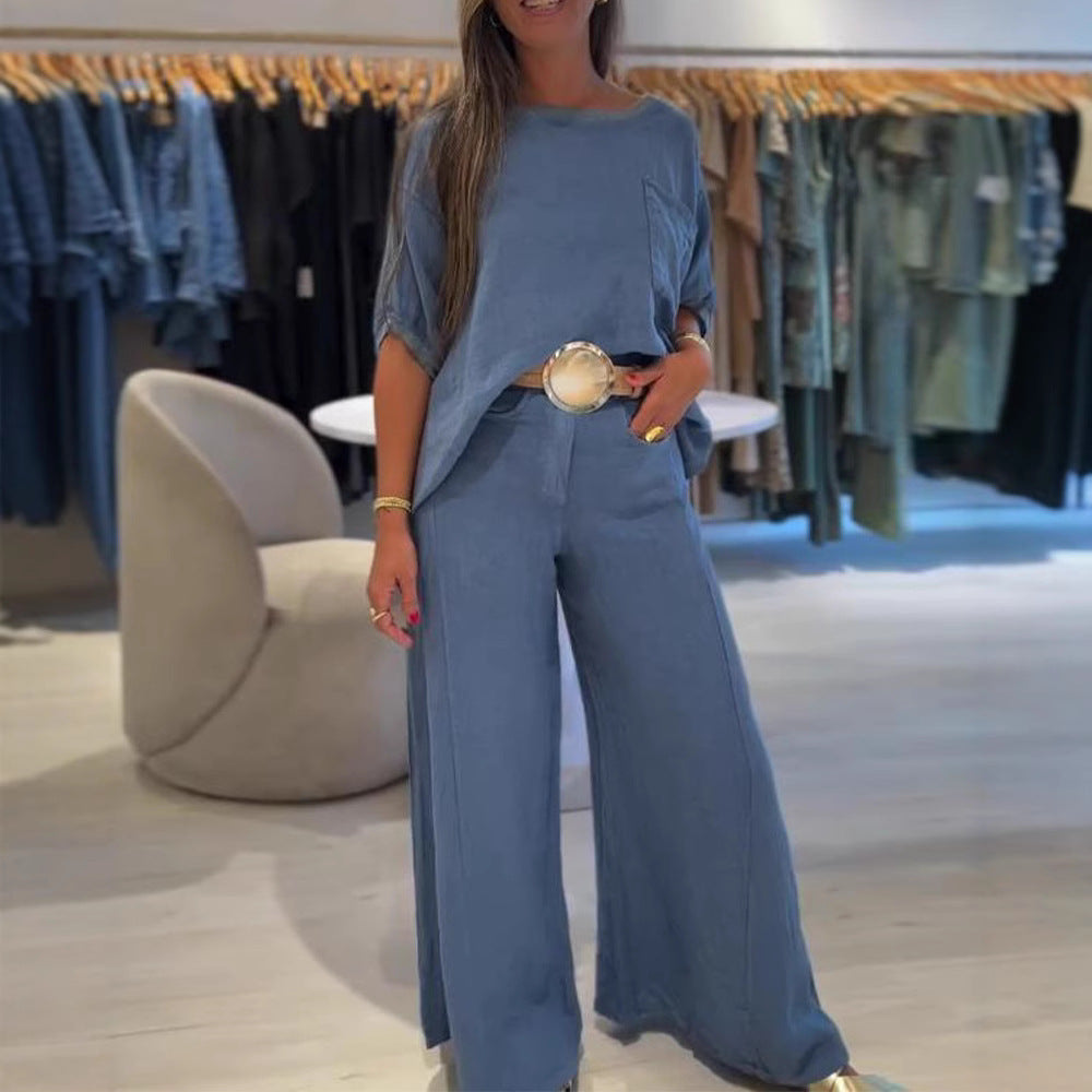 Damen nan lässiges Leinenmix-Zweiteiler mit kastigem Oversize-Top, aufgesetzter Brusttasche und weitem Palazzo-Hosenbein R&B