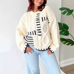 Damen Grobstrickpullover mit kreativem Patchwork-Design und lässigem Schnitt R&B