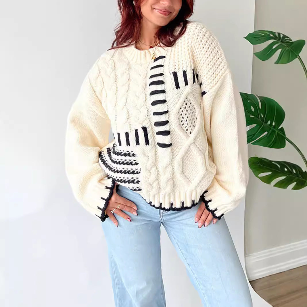 Damen Grobstrickpullover mit kreativem Patchwork-Design und lässigem Schnitt R&B