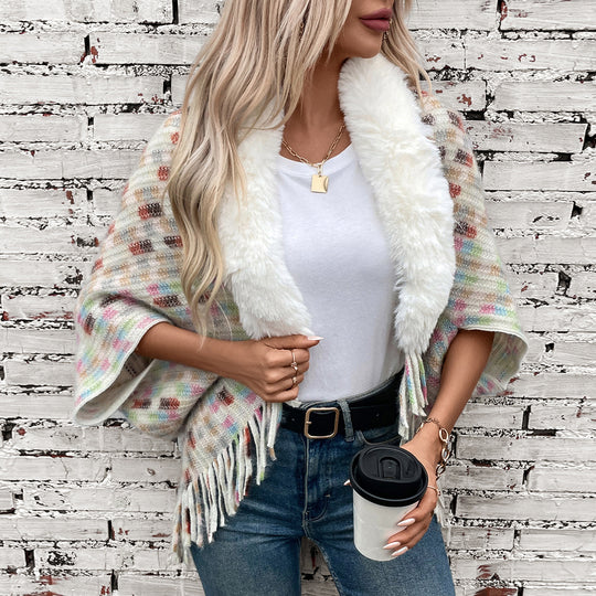Damen eleganter Poncho mit luxuriösem Kunstfellkragen und Fransen R&B