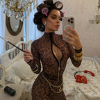 Damen Modischer Bodysuit mit tiefem V-Ausschnitt und Leopardenmuster R&B