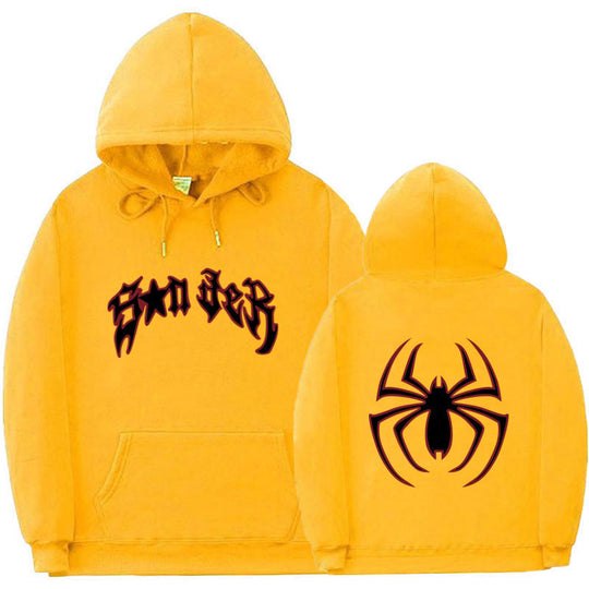 Damen Kapuzenpullover mit auffälligem Spinnenmotiv und grobem Schriftzug R&B