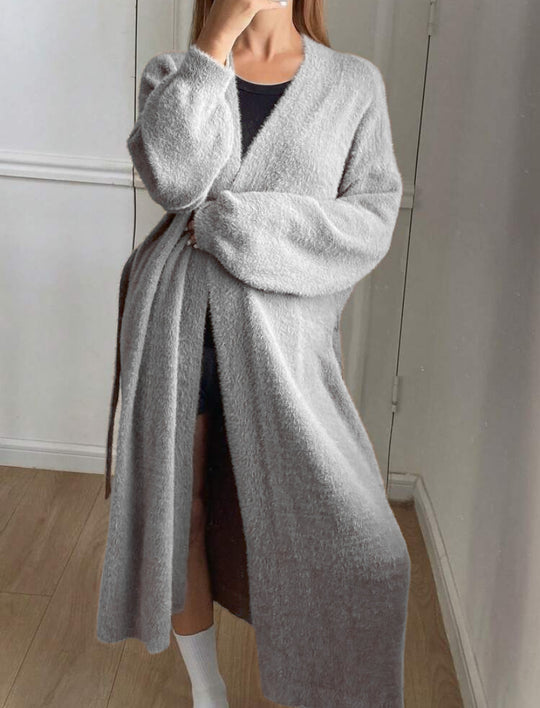 Damen Langer, flauschiger Cardigan mit Bindegürtel und V-Ausschnitt R&B