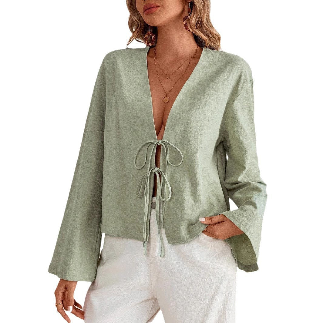 Damen lässige Shirtjacke mit tiefer V-Ausschnitt und Schleifenverschluss R&B
