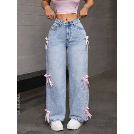 Damen Weite Jeans mit dekorativen Schleifen-Details R&B