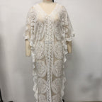 Damen Elegantes Häkel-Strandüberwurfkleid mit voluminösen Ärmeln und V-Ausschnitt R&B