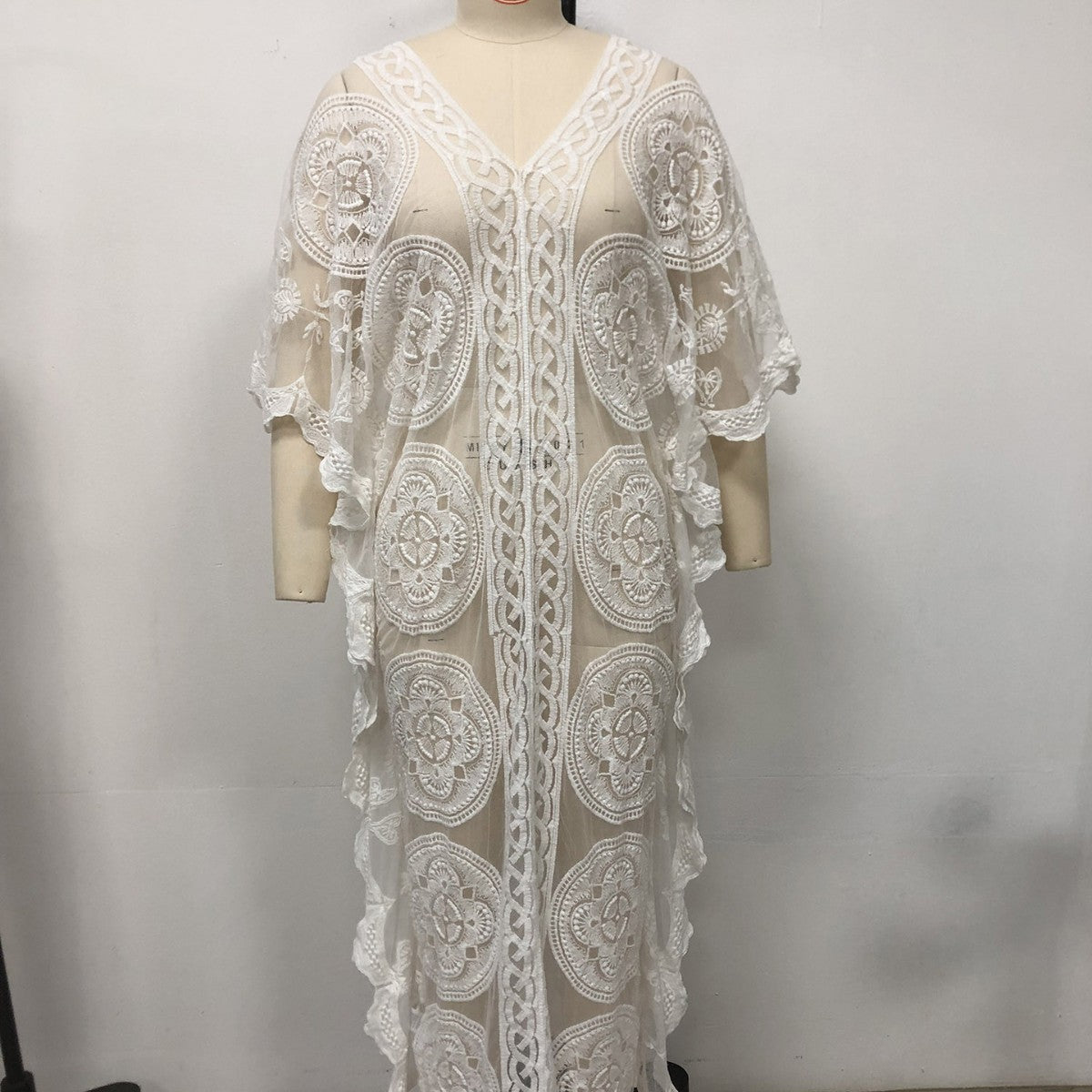 Damen Elegantes Häkel-Strandüberwurfkleid mit voluminösen Ärmeln und V-Ausschnitt R&B