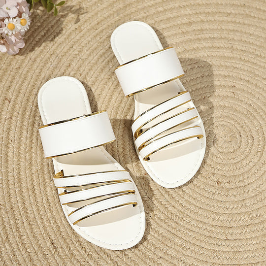 Damen Slide-Sandalen mit doppeltem Riemendesign und goldenen Akzenten R&B