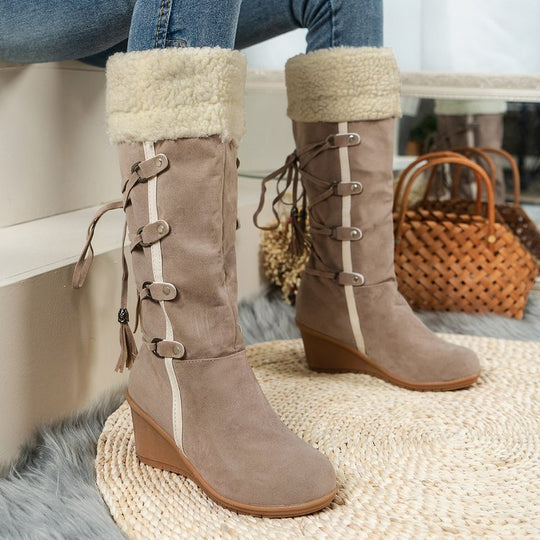 Damen Wedge-Stiefel aus hochwertigem Wildleder mit modischem Falten-Design R&B