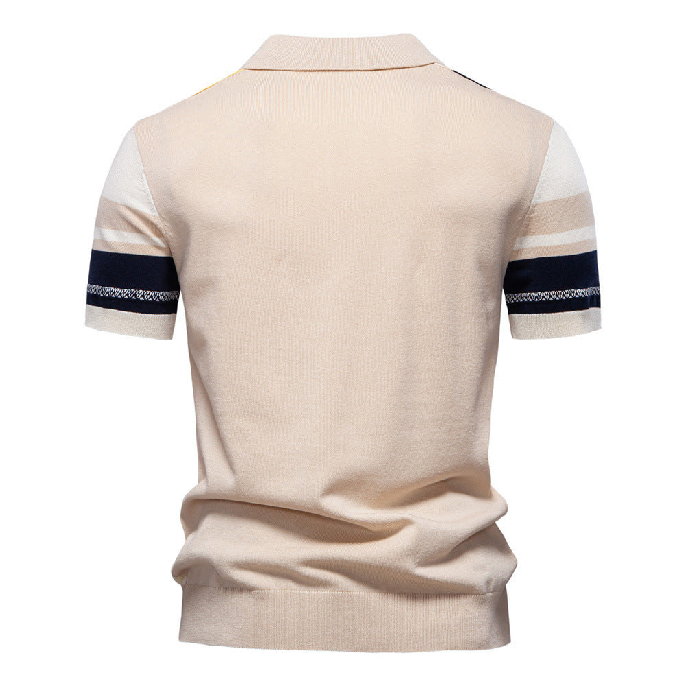 Herren nan retro-inspiriertes Strickpolo mit vertikaler Intarsienstruktur und offenem Kentkragen R&B