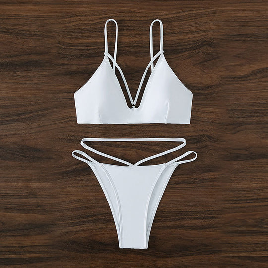 Damen Triangel-Bikini mit tiefem V-Ausschnitt und raffinierten Trägermuster R&B