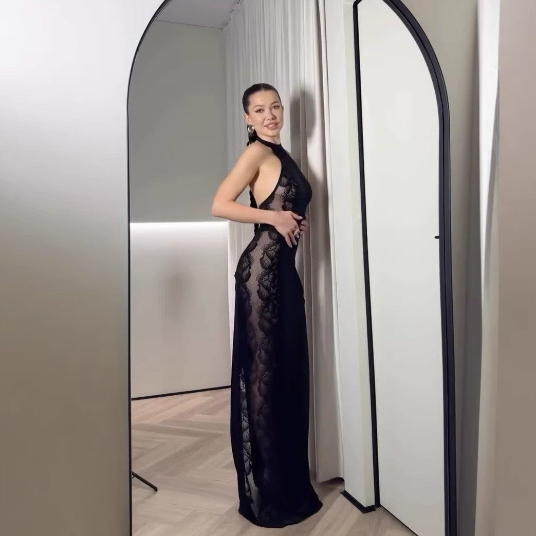 Damen Elegantes Spitzenkleid mit hohem Kragen und seitlichem Schlitz R&B