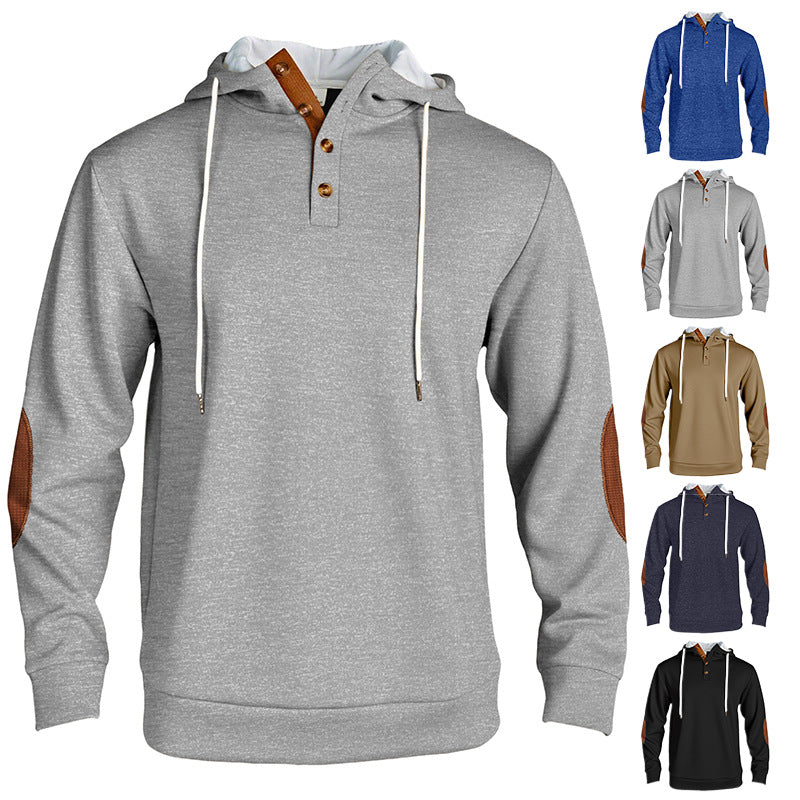 Herren nan Kapuzenpullover im puristischen Freizeitstil mit Henley-Knopfleiste, kontrastierter Kapuzeninnenseite und Ellenbogenaufnähern R&B