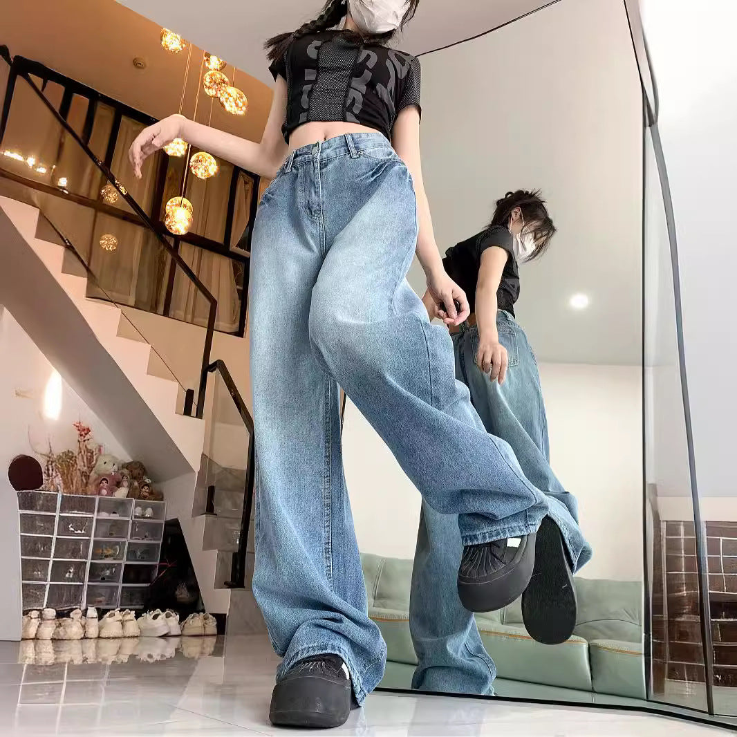 Damen weit geschnittene Mom-Jeans im Vintage-Look mit hohem Bund und modernen Details R&B