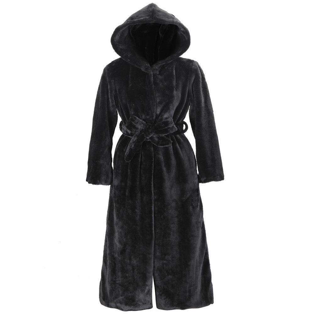 Damen Luxus Kunstfellmantel mit Kapuze und breitem Gürtel R&B