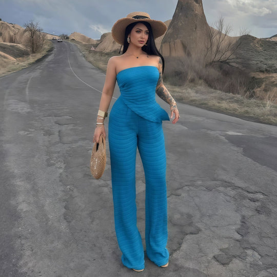 Damen eleganter Jumpsuit mit schulterfreiem Design und asymmetrischem Saum R&B