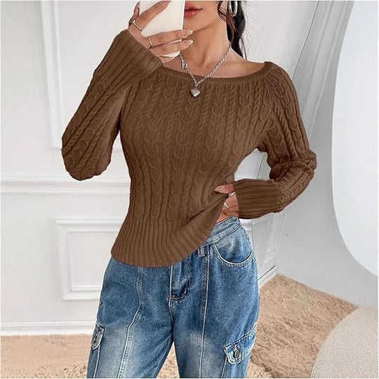 Damen Grobstrick Pullover mit offener Schulterpartie und Zopfmuster R&B