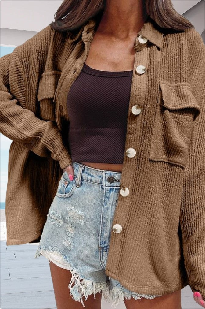 Damen lässige oversized Hemdbluse mit strukturiertem Design und praktischen Taschen R&B