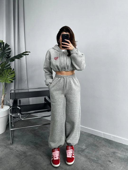 Damen Cropped Hoodie und weite Jogginghose Set R&B