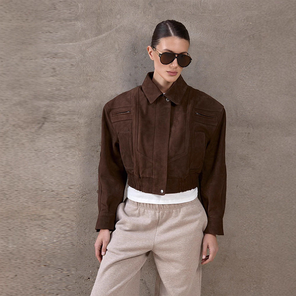Damen Modische Wildlederjacke im cropped Stil mit praktischen Taschen R&B