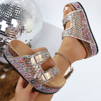 Damen Komfortable Sandalen mit dekorativen Schnallen und buntem Glitzerdesign