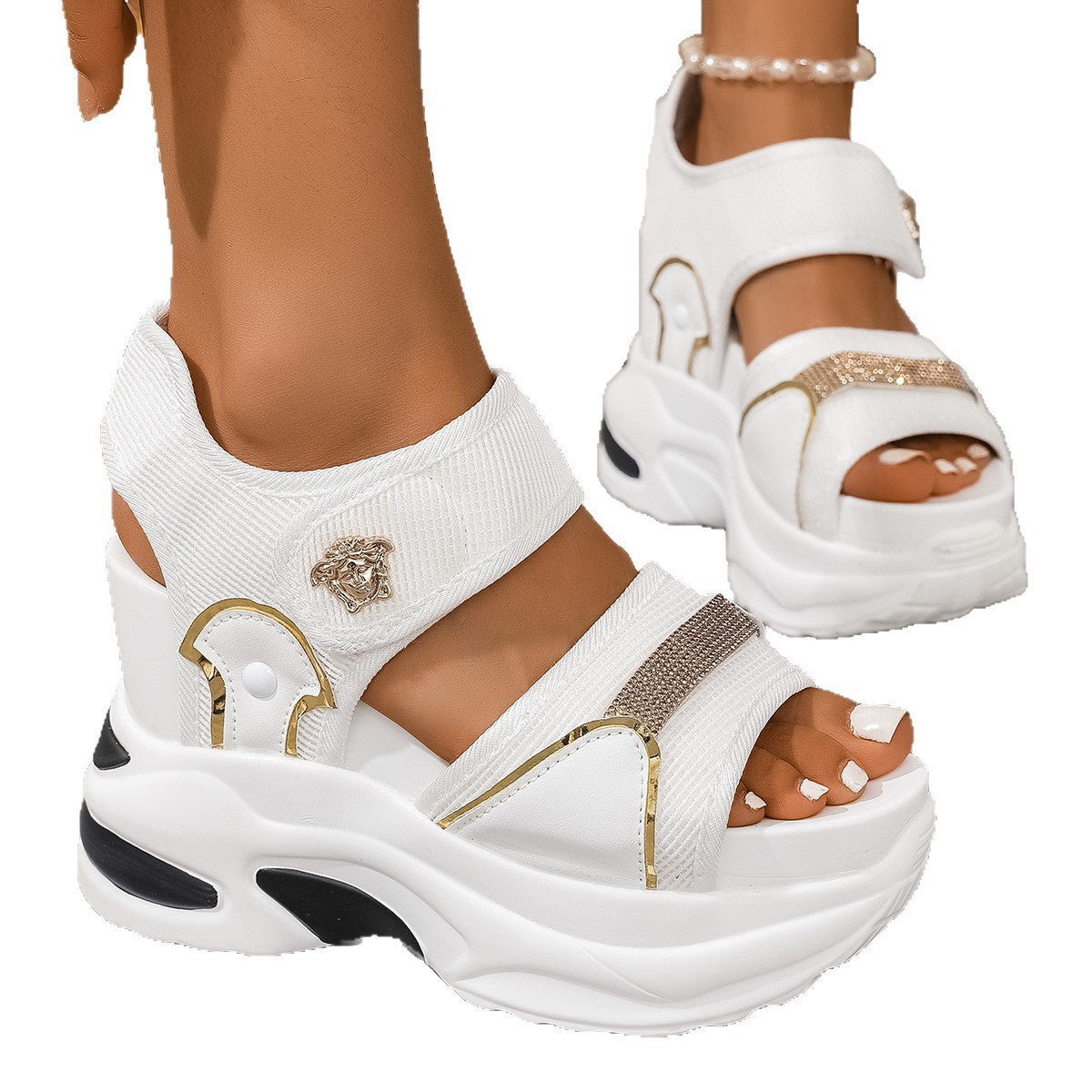 Damen nan wuchtige Plateausandale mit ergonomischer Wellensohle Klettverschluss und goldenen Zierapplikationen R&B