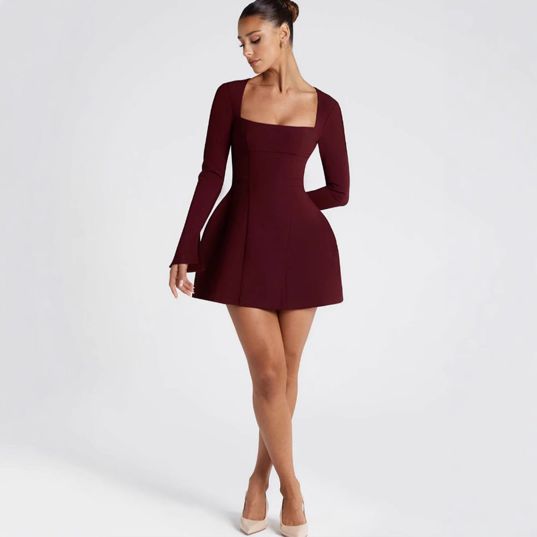 Damen Figurbetontes Minikleid mit elegantem quadratischem Ausschnitt und langen Ärmeln R&B