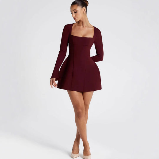Damen Figurbetontes Minikleid mit elegantem quadratischem Ausschnitt und langen Ärmeln R&B
