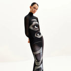 Damen Langarm Maxikleid mit grafischem Muster und hochgeschlossenem Kragen R&B