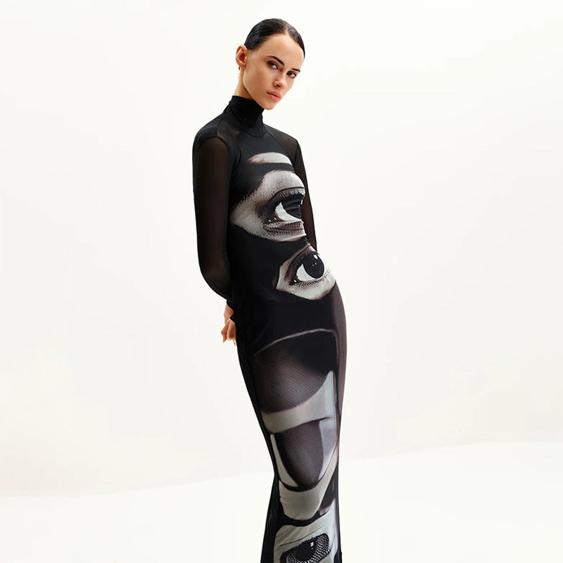 Damen Langarm Maxikleid mit grafischem Muster und hochgeschlossenem Kragen R&B